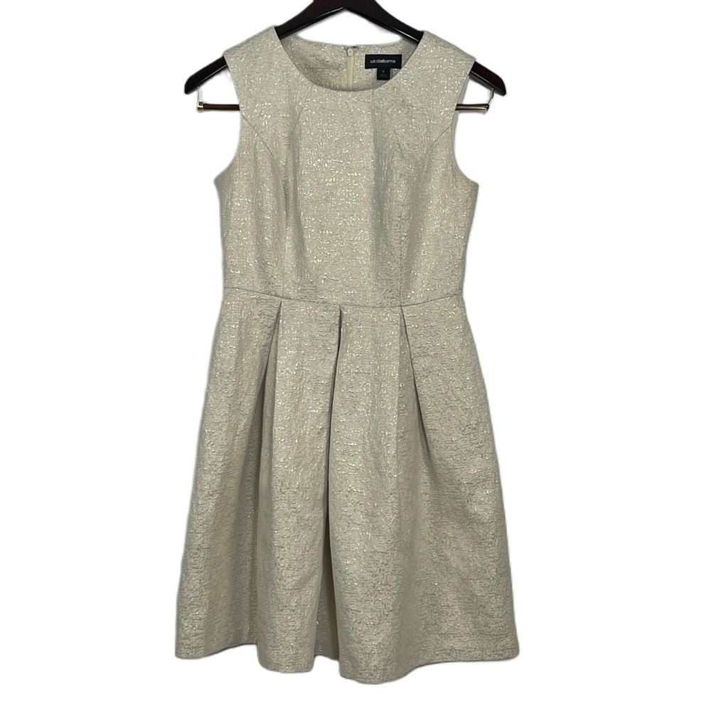Liz Claiborne Cream Gold Pleated Sleeveless Mid Length Dress Size 16